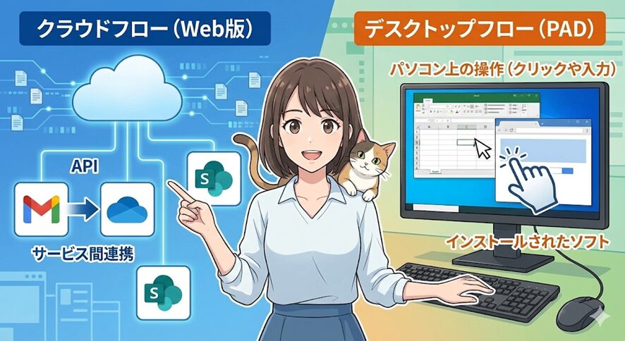 Power Automateの「クラウドフロー（Web版）」と「デスクトップフロー（PAD）」の違いを説明するイラスト。
中央に立つ20代の女性が、左肩に猫を乗せ、両手で左右のフローを指し示している。
左側の「クラウドフロー（Web版）」は青色を基調とし、雲のアイコンからAPI経由でGmail、OneDrive、SharePointが連携する様子が描かれている。女性は左手でこの「サービス間連携」を説明している。
右側の「デスクトップフロー（PAD）」はオレンジ色を基調とし、デスクトップパソコンの画面上でExcelやブラウザをクリック・入力する操作が描かれている。女性は右手でキーボードとマウスを操作し、「パソコン上の操作（クリックや入力）」と「インストールされたソフト」を説明している。