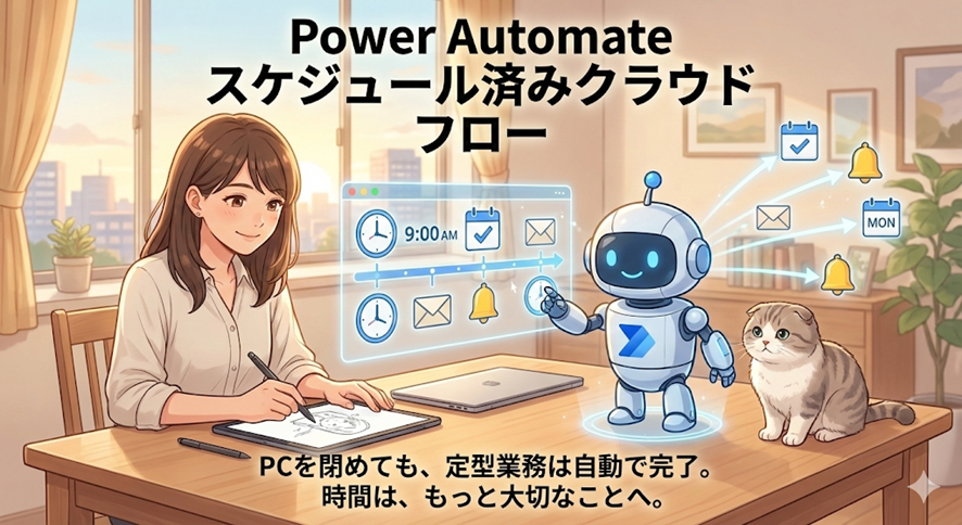 温かみのあるアニメ風イラストで、「Power Automate スケジュール済みクラウド フロー」のコンセプトを表現しています。リビングのテーブルで、20代の女性がリラックスしてタブレットで絵を描いています。彼女の横では、青いPower Automateのロゴが入った白いロボットが、空中に浮かぶホログラムのタイムラインを操作しています。ホログラムには「9:00 AM」を示す時計、チェックマーク付きカレンダー、メール、ベル（通知）、そして「MON（月曜日）」のカレンダーアイコンが並び、矢印で自動処理の流れが示されています。その様子を、耳が垂れたスコティッシュフォールドの猫が穏やかに見つめています。背景には大きな窓があり、柔らかな光が差し込む落ち着いた部屋の様子が描かれています。

画像内のテキスト：

上部タイトル：「Power Automate スケジュール済みクラウド フロー」

下部キャプション：「PCを閉めても、定型業務は自動で完了。時間は、もっと大切なことへ。」
