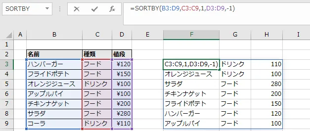 種類の昇順、値段の降順に並び替える例
