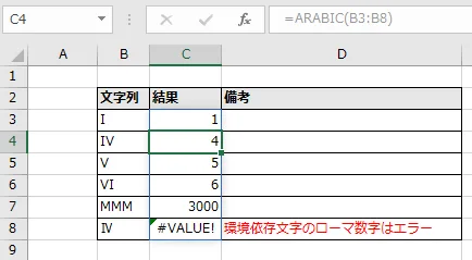 D3に指定したARABIC関数がD8まで自動拡大