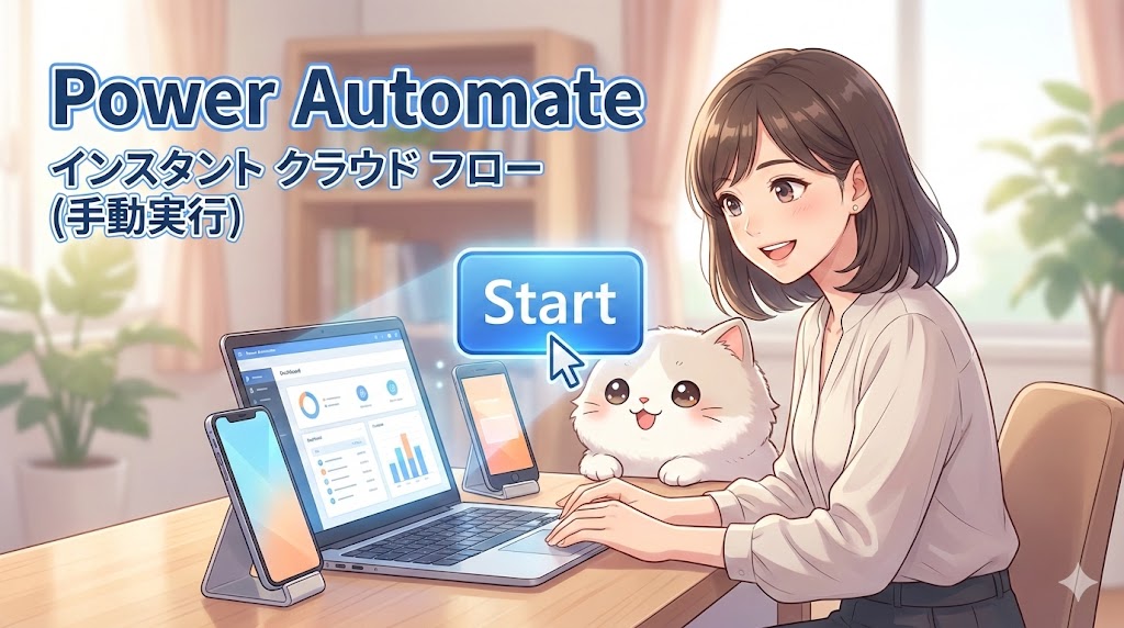 Power Automateのインスタントクラウドフローを解説するブログ用アイキャッチ画像。20代の女性と可愛らしい白猫が、青く輝くボタンが表示されたスマートフォンを笑顔で眺めているアニメ調のイラスト。画像内には「Power Automate」「インスタント クラウド フロー」というタイトルテキストが含まれている。