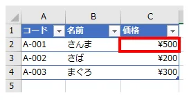 コードがA-001の行の価格が500に更新
