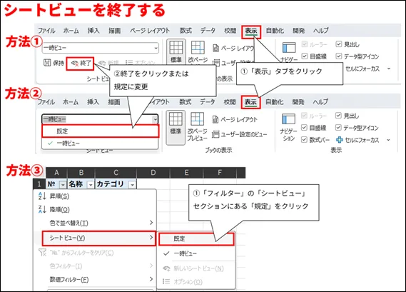 画像は、Microsoft Excelでシートビューを終了する3つの方法を示すチュートリアル画面である。

画面上部には、方法①と方法②を示す2つの異なるExcelリボンメニューの画像が上下に並んでいる。

方法①の画像では、「表示」タブが赤枠で囲まれている。その隣には、「シートビュー」グループがあり、「終了」ボタンが赤枠で囲まれている。「終了をクリックまたは既定に変更」という説明が付記されている。

方法②の画像では、同じく「表示」タブが赤枠で囲まれている。「シートビュー」グループにはドロップダウンメニューがあり、「一時ビュー」が選択されている状態である。ドロップダウンメニューを展開すると、「既定」と「一時ビュー」が表示されており、「既定」が選択されている状態が示されている。

画面下部には、方法③を示すExcelのワークシート画像がある。
C列の「カテゴリ」ヘッダーにフィルターが有効になっている。フィルターメニューがポップアップ表示されており、「シートビュー」セクションのサブメニューが開かれている。「既定」と「一時ビュー」の選択肢が表示されており、「既定」が赤枠で囲まれている。「「フィルター」の「シートビュー」セクションにある「既定」をクリック」という説明が付記されている。