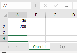 表計算ソフトの画面。A1セルには「150」、A2セルには「280」と入力されている。現在、A4セルが選択されており、緑色の枠線で囲まれている。