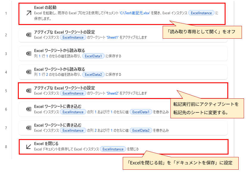 Power Automate Desktopのメインキャンバスに配置された8つのアクションのリスト。上から順番に以下の通り。

Excelの起動: ドキュメント「C:\Test\転記元.xlsx」を開き、ExcelInstanceに保存する。このアクションは赤枠で囲まれている。

アクティブなExcelワークシートの設定: ExcelInstanceのワークシート「Sheet1」をアクティブ化する。

Excel ワークシートから読み取る: 列1、行1のセルの値を読み取り、ExcelData1に保存する。

Excel ワークシートから読み取る: 列1、行2のセルの値を読み取り、ExcelData2に保存する。

アクティブなExcelワークシートの設定: ExcelInstanceのワークシート「Sheet2」をアクティブ化する。

Excel ワークシートに書き込む: ExcelInstanceの列1、行1のセルにExcelData1を書き込む。

Excel ワークシートに書き込む: ExcelInstanceの列2、行1のセルにExcelData2を書き込む。

Excelを閉じる: Excelドキュメントを保存し、ExcelInstanceを閉じる。このアクションは赤枠で囲まれている。

画像には、以下の赤色の注釈と矢印が含まれている。

1番目の「Excelの起動」アクションを指す矢印と「「読み取り専用として開く」をオフ」というテキスト。

5番目の「アクティブなExcelワークシートの設定」アクションを指す矢印と「転記実行前にアクティブシートを転記先のシートに変更する。」というテキスト。

8番目の「Excelを閉じる」アクションを指す矢印と「「Excelを閉じる前」を「ドキュメントを保存」に設定」というテキスト。