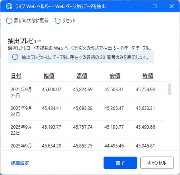 「ライブWebヘルパー」に表示された抽出プレビュー画面。日付、始値、高値、安値、終値の5列の株価時系列データがテーブル形式でプレビュー表示されている。