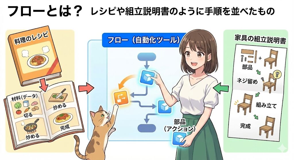 アニメ調のイラストで、「フローとは? レシピや組立説明書のように手順を並べたもの」というタイトルで、プログラミングにおける「フロー」の概念を解説している。左側には「料理のレシピ」のイラストがあり、材料から完成までの手順が描かれている。右側には「家具の組立説明書」のイラストがあり、部品から椅子の完成までの手順が描かれている。中央には「フロー(自動化ツール)」の図があり、笑顔の女性が「部品(アクション)」と書かれた四角いブロックをドラッグ&ドロップしてフローチャートを組み立てており、その横で猫がブロックに触れようとしている。レシピや説明書のように、処理の「部品」を順序よく並べることで自動化ツールが作れることを視覚的に表現している。