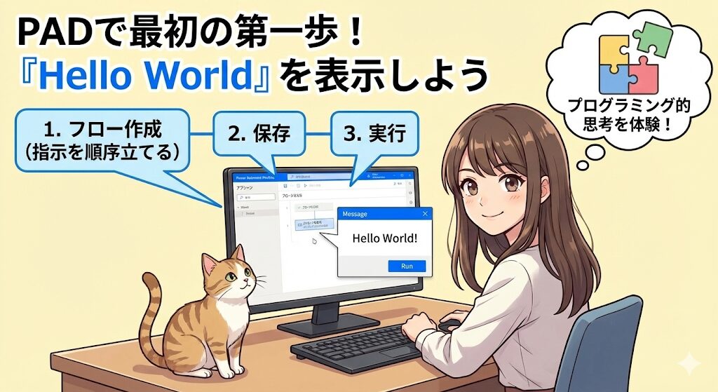 アニメ調のイラストで、Power Automate Desktop(PAD)を使った最初の学習ステップを解説している。上部には大きな文字で「PADで最初の第一歩!『Hello World』を表示しよう」というタイトルがある。中央では笑顔の若い女性がパソコンに向かっており、その画面にはPADの操作画面と、「Message」というタイトルで「Hello World!」と表示されたダイアログボックスが出ている。女性の横では猫が画面を見つめている。画面上部からパソコン画面に向かって3つの吹き出しと矢印があり、「1. フロー作成(指示を順序立てる)」「2. 保存」「3. 実行」という手順が示されている。また、女性の頭上にはパズルのピースが組み合わさるイラストと共に「プログラミング的思考を体験!」という思考の吹き出しが描かれている。全体として、PADでの自動化の第一歩を楽しく学ぶ様子を表現している。