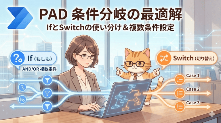 この画像は、Power Automate Desktop（PAD）における条件分岐の最適解を解説するアニメーションスタイルのイラストです。画面上部には「PAD 条件分岐の最適解」、「IfとSwitchの使い分け＆複数条件設定」というタイトルが大きく表示されています。 中央には、眼鏡をかけた女性キャラクターがノートパソコンに向かっており、その隣には眼鏡とネクタイを着用した猫のキャラクターが、画面から飛び出すフローチャートを指し示しています。 左側には「If（もしも）」と書かれた青いフローが、「AND/OR 複数条件」というラベルとともに複数の条件に分岐する様子が描かれています。右側には「Switch（切り替え）」と書かれたオレンジ色のフローが、「Case 1」、「Case 2」、「Case 3」という3つの異なるケースに平行して分岐する様子が描かれています。 背景は明るいオフィスで、窓の外には都市の風景が広がっています。全体的に、技術的な概念を視覚的にわかりやすく、親しみやすいイラストで表現しています。