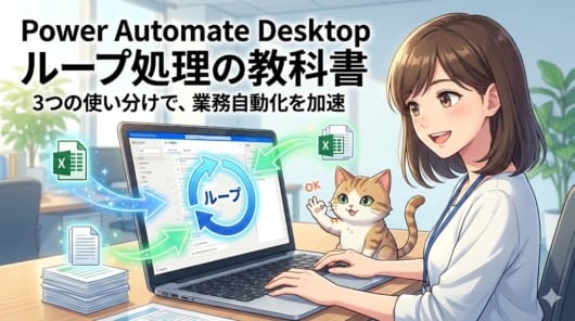 清潔感のあるオフィスで、20代の女性がリラックスした表情でパソコンに向かっています。キーボードの隣では、賢そうな猫が「OK」のポーズをして作業を応援しています。パソコンのモニターには「ループ」を示す青い循環矢印のアイコンが表示され、周囲にはExcelや書類のアイコンが光る矢印に乗って自動で処理される様子が幻想的に描かれています。画像上部には「Power Automate Desktop ループ処理の教科書」「3つの使い分けで、業務自動化を加速」という大きな日本語のタイトルが配置されています。