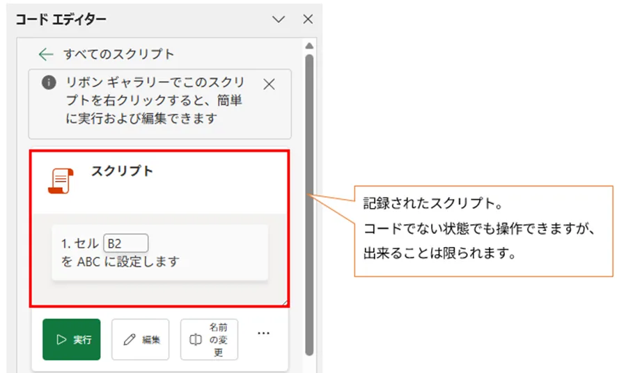「コード エディター」パネルに記録されたスクリプトの概要が表示されている画像。記録された操作「1. セル B2 を ABC に設定します」がテキストで示され、その下に「実行」と「編集」ボタンが配置されている。