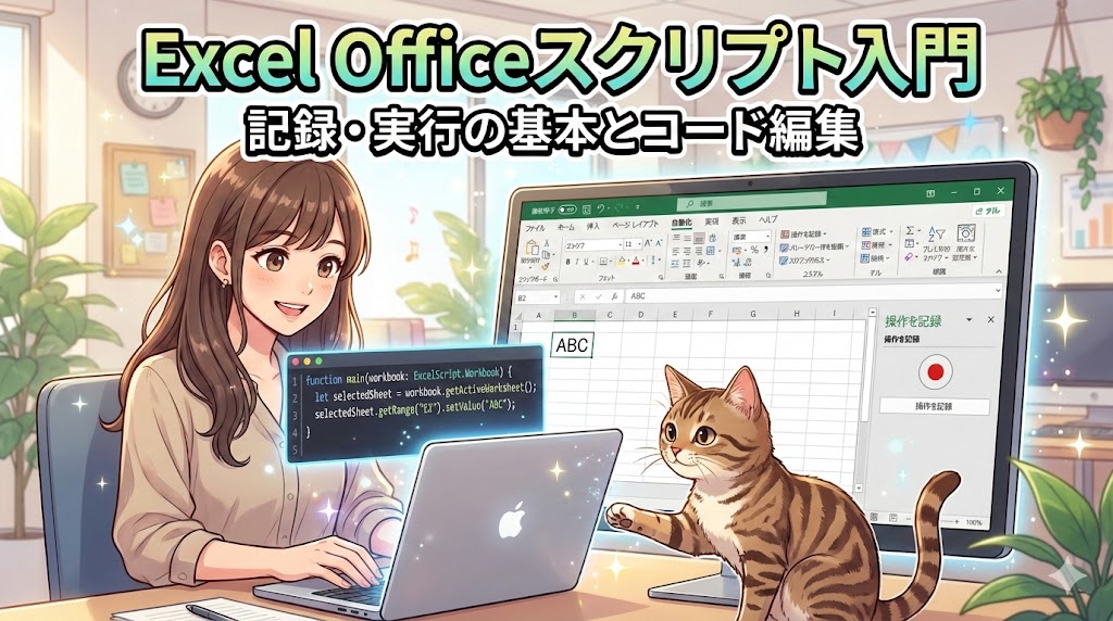 アニメ調のアイキャッチ画像。笑顔でノートPCを操作する20代女性と、キーボードに手を伸ばす茶トラの猫。PC画面にはExcelの自動化タブやコードエディターが表示されている。タイトル文字「Excel Officeスクリプト入門 記録・実行の基本とコード編集」