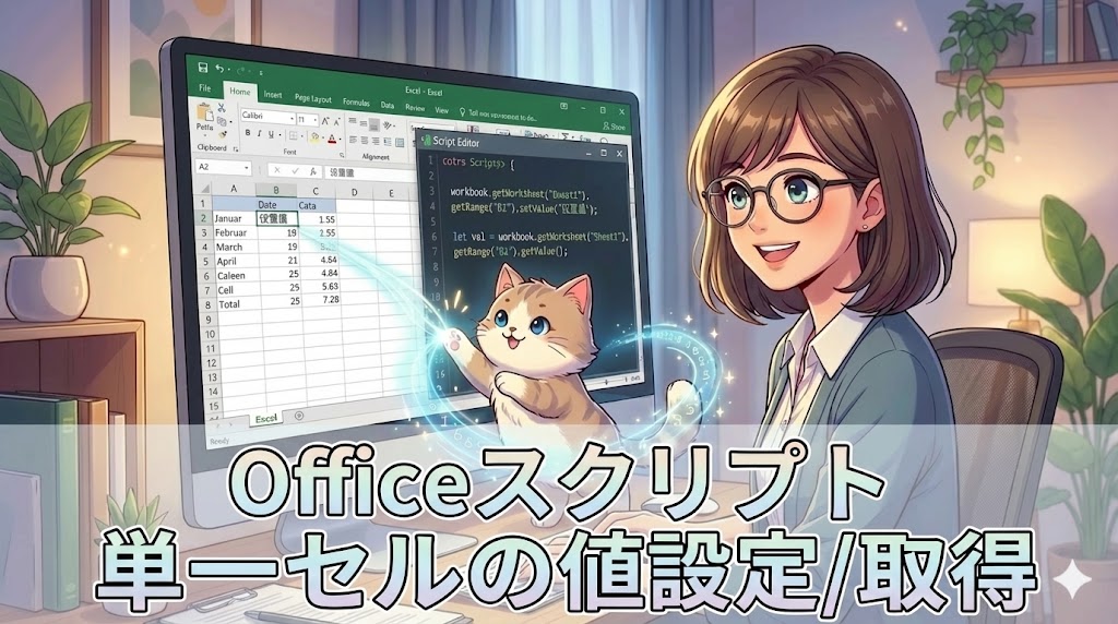 パソコンに向かう眼鏡をかけた女性と、Excelのセルデータを魔法のように操作する猫のアニメ調イラスト。画像下部に「Officeスクリプトでの単一セルの値設定/取得」というタイトルテキストが記載されている。