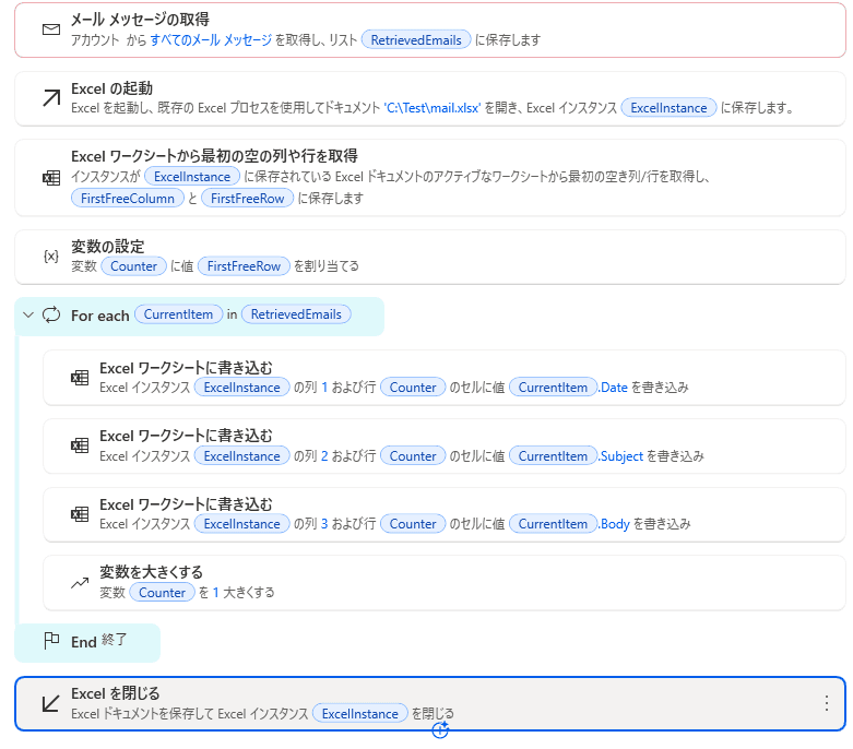 Microsoft Power Automate Desktop のフロー設計画面のスクリーンショット。メール情報を Excel ファイルの最終行の次から追記していく全 10 ステップの自動化プロセスが示されています。
画像の詳細説明
メール メッセージの取得: 全てのメールを取得し、リスト RetrievedEmails に保存。
Excel の起動: 指定パス(C:\Test\mail.xlsx)のファイルを開き、ExcelInstance を作成。
Excel ワークシートから最初の空の列や行を取得: 現在のデータが入っていない最初の行番号を特定し、FirstFreeRow に保存。
変数の設定: 書き込み開始行を FirstFreeRow に設定。
For each: 取得した各メール(CurrentItem)に対して以下の 6 ~ 9 の処理をループ。
6. Excel ワークシートに書き込む: 受信日時(.Date)を列 1・行 Counter に書き込み。
7. Excel ワークシートに書き込む: 件名(.Subject)を列 2・行 Counter に書き込み。
8. Excel ワークシートに書き込む: 本文(.Body)を列 3・行 Counter に書き込み。
9. 変数を大きくする: Counter を 1 加算し、次のメールの書き込み行を準備。
End 終了: ループ処理の終点。
Excel を閉じる(青枠で強調): ファイルを保存して Excel インスタンスを安全に終了。