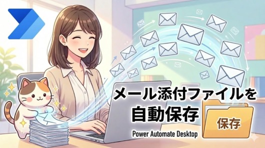 Power Automate Desktopでメールの添付ファイルを自動保存する方法のアイキャッチ。「メール添付ファイルを自動保存！」のタイトル文字と、女性と猫が複数のファイルをフォルダに一括保存して喜んでいるイラスト。