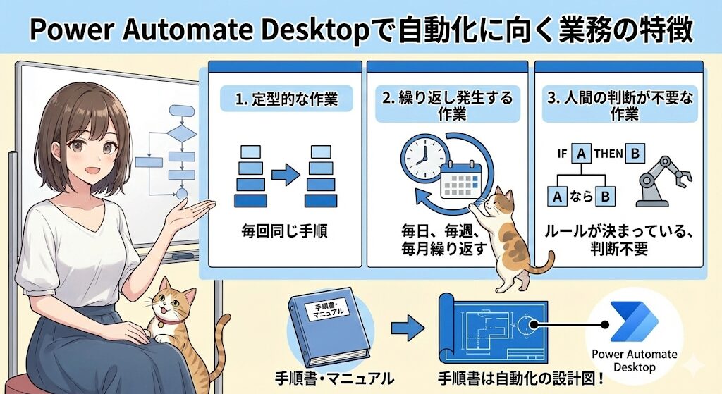 アニメ調のイラストで、Power Automate Desktopで自動化に向く業務の特徴を解説している。左側に座る若い女性が、フローチャートが描かれたホワイトボードの前で右手を差し伸べ、3つのパネルを説明している。彼女の足元には猫が座っている。 中央の3つの青いパネルには、それぞれの特徴が図とテキストで示されている。 左のパネルは「1. 定型的な作業」と題され、同じ形の青いブロックが矢印で右に移動しても同じ形を保つ図があり、「毎回同じ手順」と書かれている。 中央のパネルは「2. 繰り返し発生する作業」と題され、時計とカレンダーを回転矢印が囲む図があり、猫がカレンダーに手をかけている。「毎日、毎週、毎月繰り返す」と書かれている。 右のパネルは「3. 人間の判断が不要な作業」と題され、「IF A THEN B」の条件分岐図（AならB）とロボットアームの図があり、「ルールが決まっている、判断不要」と書かれている。 下部には、「手順書・マニュアル」と書かれた青いバインダーが、矢印で家の設計図（青図）に変化する図があり、「手順書は自動化の設計図！」というテキストと共に、Power Automate Desktopのアイコンとロゴが描かれている。