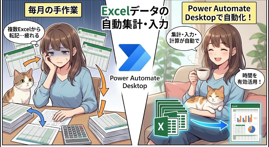 アニメ調のイラストで、Power Automate Desktop導入前後のExcel業務の変化を比較している。左側の「毎月の手作業」パネルでは、山積みのExcel資料と電卓に囲まれた女性が、疲れた表情で「複数Excelから転記…疲れる」と嘆いており、傍らで猫が心配そうに見ている。右側の「Power Automate Desktopで自動化！」パネルでは、同じ女性がソファでコーヒーを片手に笑顔でくつろぎ、猫も安心して膝の上で眠っている。Excelのアイコンから自動的にデータが集計され、グラフ付きのレポートが生成される様子が描かれ、「集計・入力・計算が自動で完了！」「時間を有効活用！」という吹き出しがある。中央には「Excelデータの自動集計・入力」というタイトルと、Power Automate Desktopのロゴが配置されている。