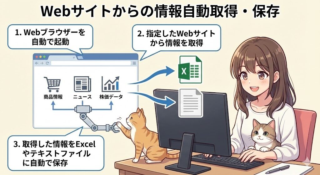 アニメ調のイラストで、Webサイトからの情報自動取得と保存のプロセスを解説している。中央のモニター画面にはWebブラウザが表示され、ショッピングカート（商品情報）、新聞（ニュース）、株価チャートのアイコンがある。画面の下からロボットアームが伸び、これらの情報を取得する様子が描かれている。 画面左上には「1. Webブラウザーを自動で起動」という吹き出しがあり、ブラウザ画面を指している。画面中央上部には「2. 指定したWebサイトから情報を取得」という吹き出しがあり、ブラウザから情報が流れ出る矢印を指している。 画面右側には、Excelファイルとテキストファイルのアイコンがあり、ブラウザから伸びた矢印がこれらに接続されている。その下には「3. 取得した情報をExcelやテキストファイルに自動で保存」という吹き出しがある。 モニターの右側では、笑顔の若い女性がキーボードを操作しており、その横で猫が画面上のロボットアームに前足を伸ばして触れようとしている。全体のタイトルとして、上部に「Webサイトからの情報自動取得・保存」と大きく書かれている。