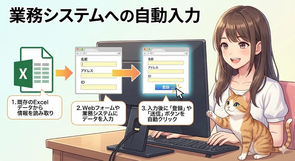 アニメ調のイラストで、「業務システムへの自動入力」のプロセスを解説している。右側では笑顔の女性がパソコンを操作し、その隣で猫が画面上の自動操作を見守っている。画面左側には、Excelファイルのアイコンから矢印が伸び、「1. 既存のExcelデータから情報を読み取り」という吹き出しがある。その矢印は中央のWebブラウザのフォーム（名前、アドレス、IDの入力欄）につながり、「2. Webフォームや業務システムにデータを入力」という吹き出しがある。さらに矢印は右側の同じフォームにつながり、「登録」ボタンにカーソルが合わさってクリックされる様子が描かれ、「3. 入力後に「登録」や「送信」ボタンを自動クリック」という吹き出しがある。全体でExcelからWebシステムへのデータ連携と自動登録の流れが示されている。
