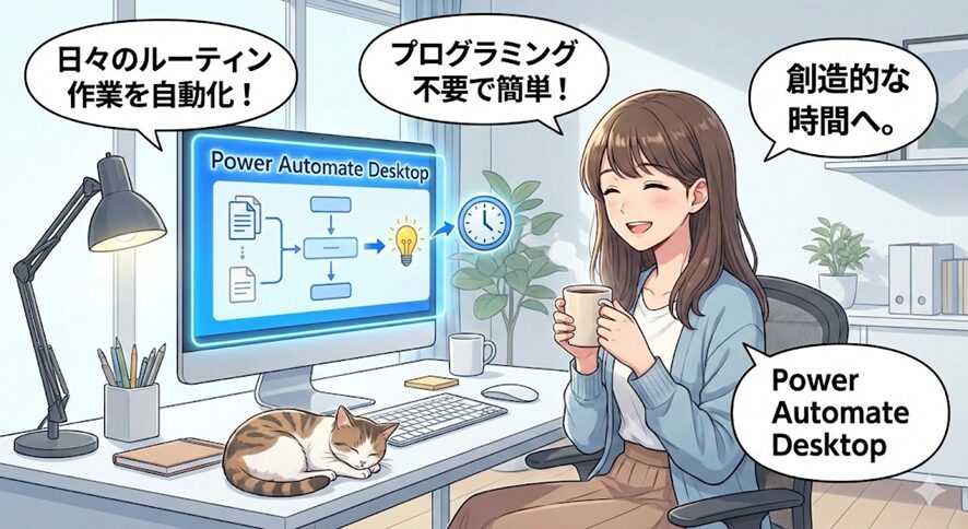 アニメ調のイラストで、Power Automate Desktopを使って業務を自動化し、笑顔でコーヒーを飲む若い女性と、その傍らで安心して眠る猫の様子。パソコン画面には自動化のフロー図と時間が創出されるイメージが表示され、周囲の吹き出しには「日々のルーティン作業を自動化！」「プログラミング不要で簡単！」「創造的な時間へ。」といった日本語のメッセージが書かれている。