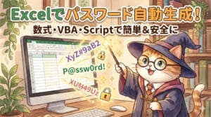 Excelのシートイメージとランダム生成された文字列、およびPCのイラストを組み合わせた、パスワード自動生成記事のアイキャッチ画像。