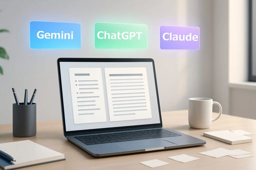  複数のAIアシスタントを活用した報告書・議事録作成の効率化を表現するプロフェッショナルなオフィスシーン