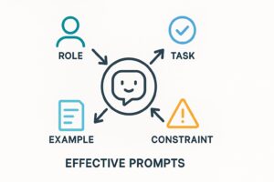 プロンプトエンジニアリングの4つの基本原則（役割、タスク、制約、例示）の図解