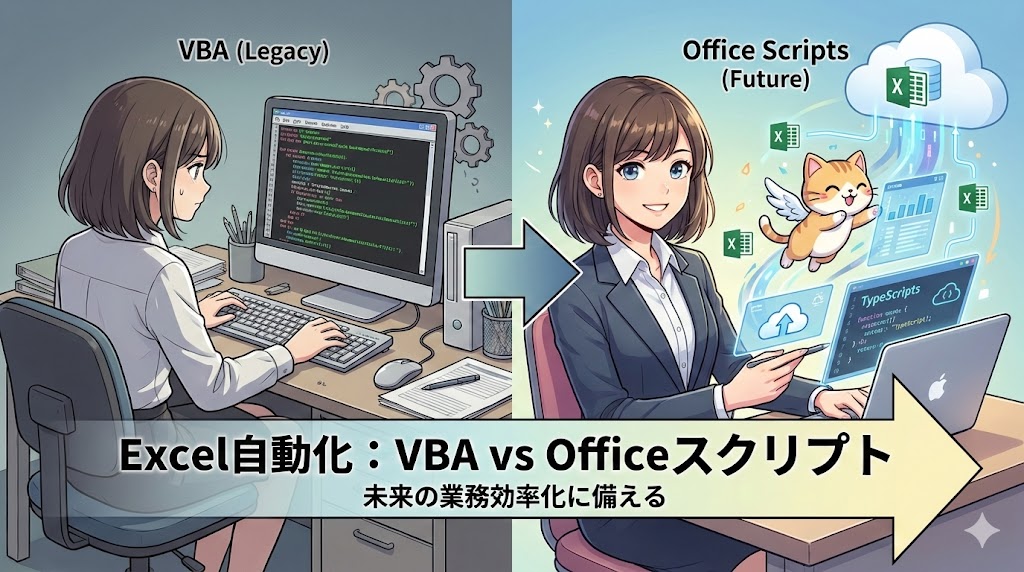 アニメ調のアイキャッチ画像。左側は従来のデスクトップ環境でVBAを用いた作業を行う女性、右側はクラウド環境でOfficeスクリプトを活用し、猫のキャラクターと共に効率的に作業する女性が描かれている。中央に記事タイトルのテキストが配置され、新旧の自動化ツールの対比を表現している。