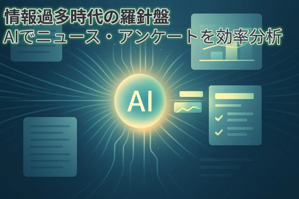 AIによる情報要約と分析のイメージ画像。ニュース記事やグラフ、アンケートのデータがAIによって効率的に処理されている様子。