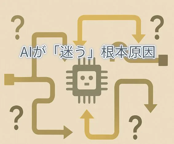 AIが曖昧な指示によって処理に迷う様子を表すフローチャートのイメージ。
