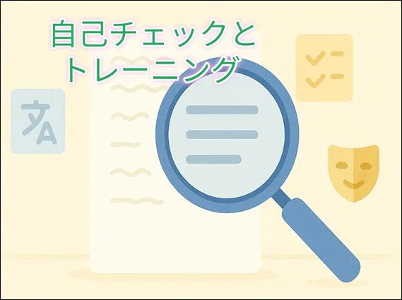 プロンプトの自己チェックと改善方法（翻訳ツール、5W1H）を示すイラスト。