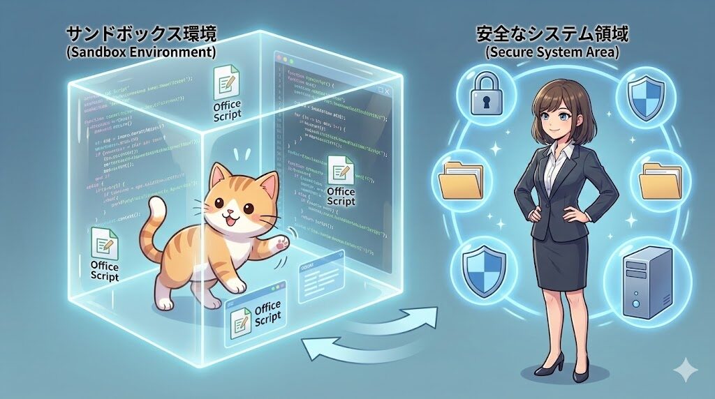 アニメ調の概念図。中央に配置された透明なガラスの立方体（サンドボックス）の中に、猫のキャラクターとスクリプトのコードが閉じ込められている。ガラスの外側には、腕を組んで安心した表情の女性キャラクターと、保護されたPCやファイルフォルダが描かれている。プログラムが隔離された環境で実行され、外部のシステムに悪影響を及ぼさないセキュリティの仕組み（サンドボックス構造）を視覚的に表現している。