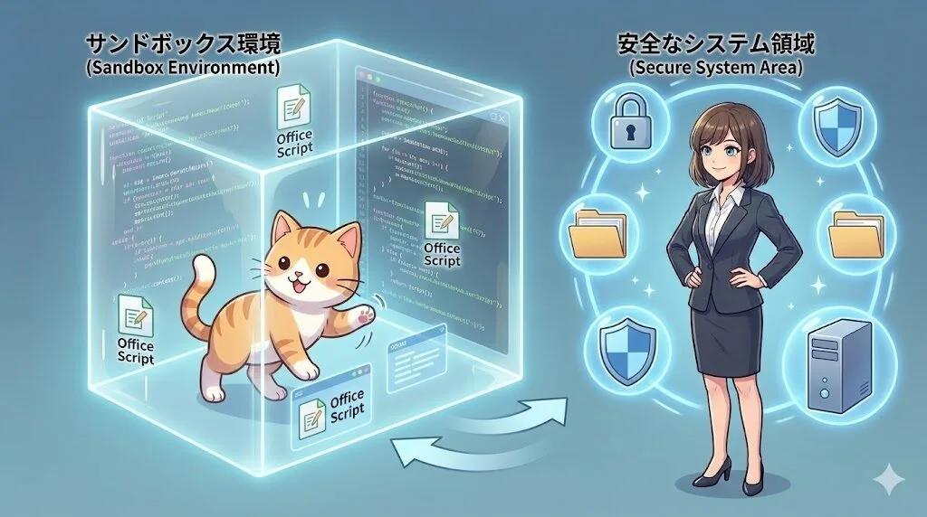 アニメ調の概念図。中央に配置された透明なガラスの立方体（サンドボックス）の中に、猫のキャラクターとスクリプトのコードが閉じ込められている。ガラスの外側には、腕を組んで安心した表情の女性キャラクターと、保護されたPCやファイルフォルダが描かれている。プログラムが隔離された環境で実行され、外部のシステムに悪影響を及ぼさないセキュリティの仕組み（サンドボックス構造）を視覚的に表現している。