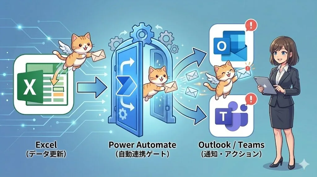 アニメ調の連携フロー図。左端にあるExcelのアイコンから、手紙を持った猫のキャラクターが飛び出し、中央にある「Power Automate」と書かれた歯車型のゲートをくぐり抜けている。ゲートを通過した猫は、右端にあるOutlook（メール）やTeams（チャット）のアイコンに向かって手紙を届けている。Excelのデータ更新をトリガーに、Power Automateを経由して他のアプリへ通知や連携が行われる自動化の流れを視覚的に表現している。