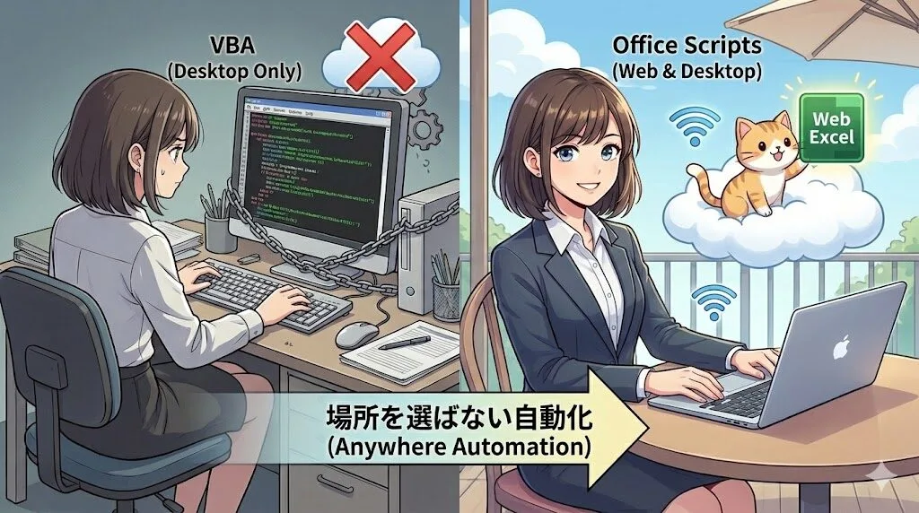 アニメ調の比較インフォグラフィック。左側のパネルは「VBA (Desktop Only)」と題され、鎖で机に固定されたデスクトップPCに向かい、困った表情の女性が描かれている。クラウドのアイコンには赤い×印が付いており、場所の制約を示唆している。右側のパネルは「Office Scripts (Web & Desktop)」と題され、屋外のカフェでノートPCを使い笑顔で作業する女性が描かれている。雲に乗った猫のキャラクターと「Web Excel」アイコン、Wi-Fiマークが配置され、自由な作業環境を示唆している。中央には左から右へ向かう矢印があり、「場所を選ばない自動化 (Anywhere Automation)」というテキストが記載されている。