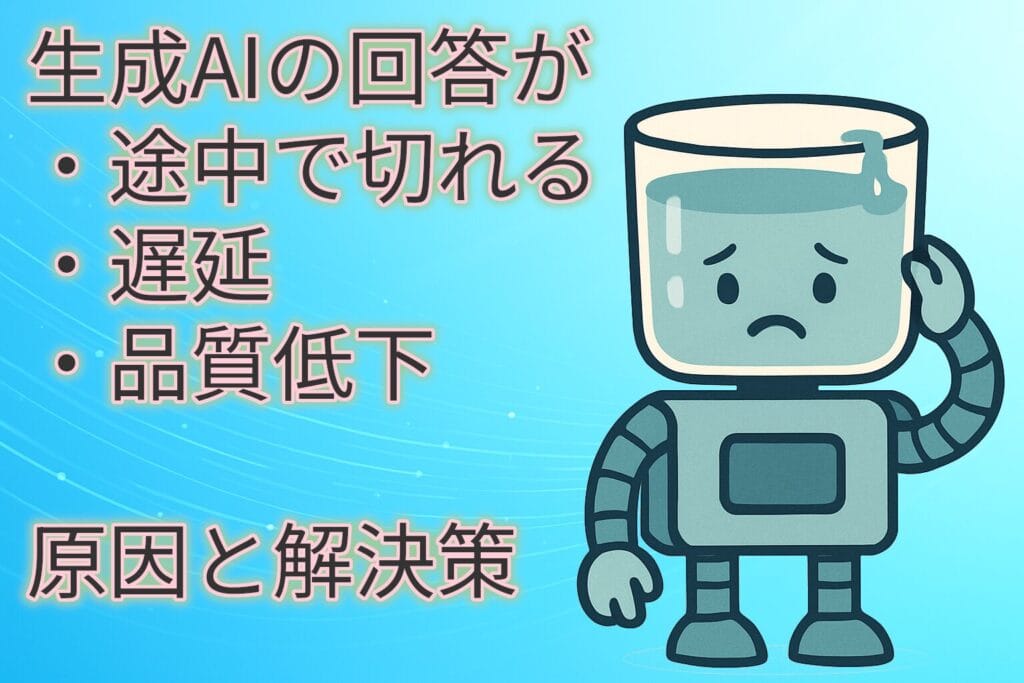 コンテキストウィンドウが溢れて困っている様子のロボットと、その横に「生成AIの回答が途中で切れる・遅延・品質低下」という問題点、および「原因と解決策」という文字が記載された、記事のアイキャッチ画像。