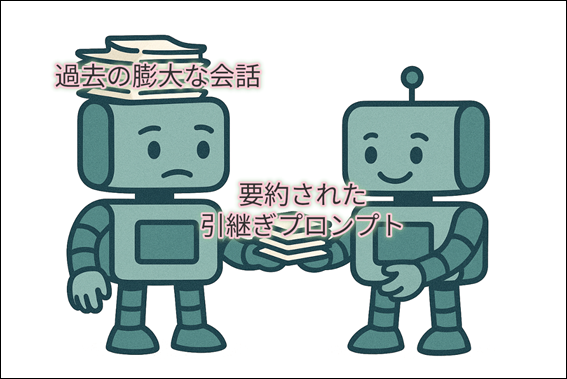 過去の膨大な会話履歴が積まれた本をAIロボットが手放し、代わりに要約された小さな紙の束をもう1体のAIロボットに渡しているイラスト。引継ぎプロンプトによる情報整理を表現。
