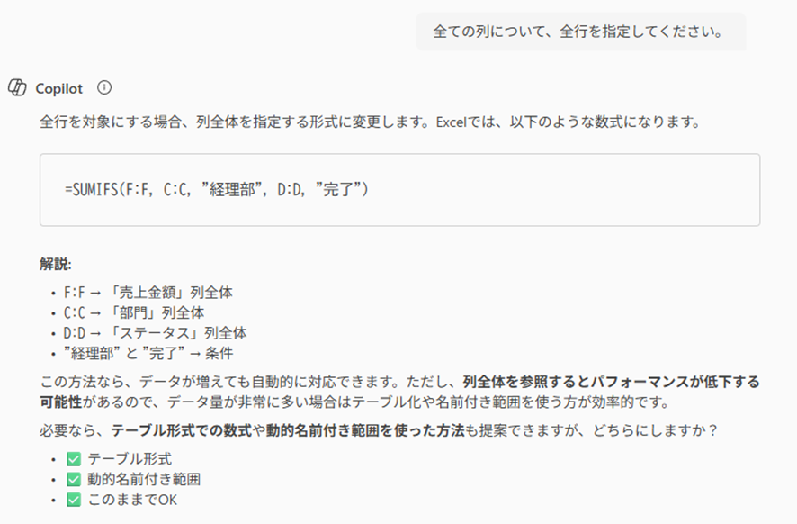 ユーザーの追加依頼「全ての列について、全行を指定してください。」に対するCopilotの応答を示すスクリーンショット。改修後の数式=SUMIFS(F:F, C:C, "経理部", D:D, "完了")が表示され、全行参照（F:F）のメリットとパフォーマンス低下の可能性に関する解説が含まれている。
