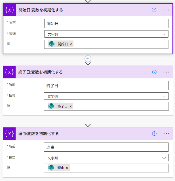 申請フォームの「開始日」「終了日」「理由」の3項目をそれぞれ個別の「変数を初期化する」アクションで設定していくフローの構成。