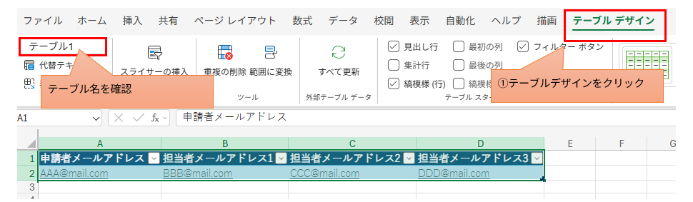 Excel名簿がテーブル化された後、「テーブル デザイン」タブをクリックし、Power Automateで使用するテーブル名を確認する手順。