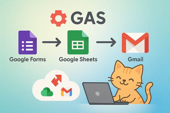 Google FormsからSheets、そしてGmailへと矢印でつながる自動化フローを示すイラスト。GASが制御し、猫がノートPCで確認している構図。