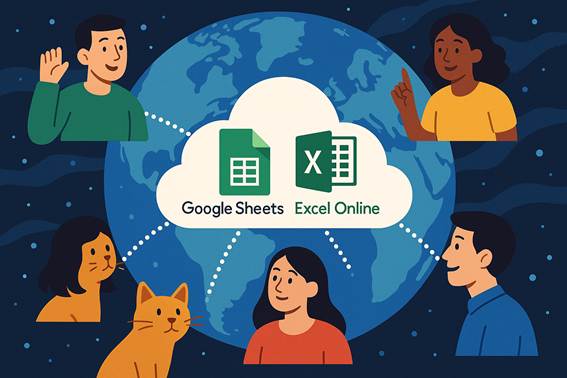 地球を背景に、Google SheetsとExcel Onlineのクラウドを中心に人と猫が接続しているイラスト。クラウドスプレッドシートの共同編集を表現。
