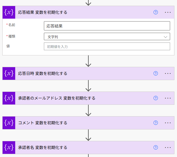 承認者の応答結果、日時、コメントなどを格納するため、複数の「変数を初期化する」アクションを配置したフローの構成。