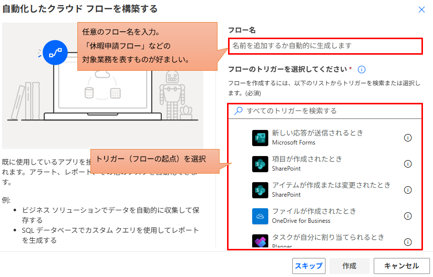 「自動化したクラウドフローを構築する」ダイアログボックス。フロー名とトリガーを設定する初期設定画面。