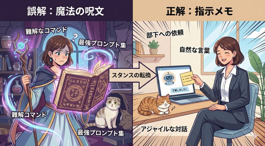 AIプロンプトの概念図解。「魔法の呪文」として難解なコマンドに悩む誤解（左）と、「部下への指示メモ」として自然な言葉で依頼する正解（右）の対比イラスト。