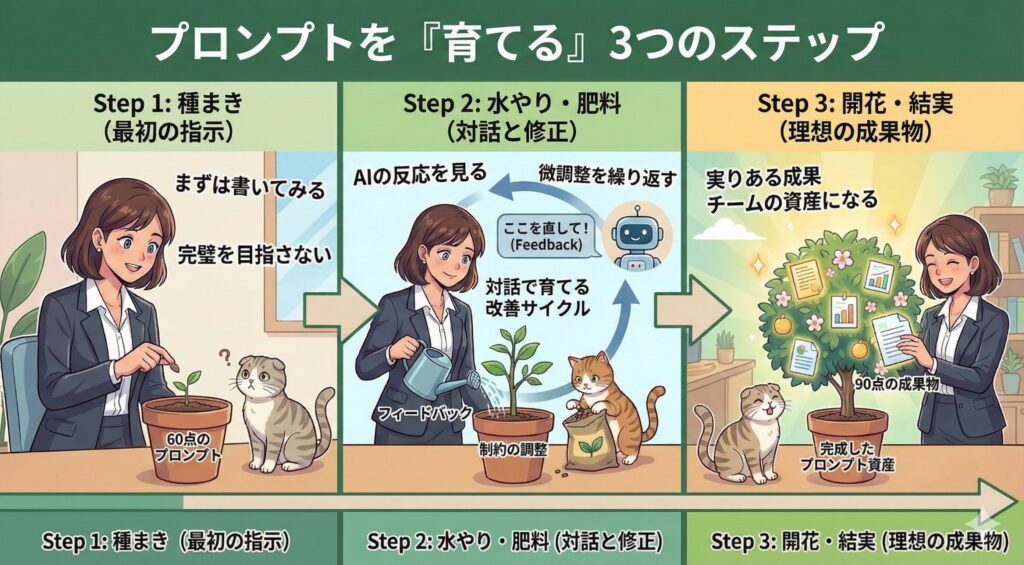 プロンプトを「育てる」3つのステップの図解。Step 1「種まき（最初の指示）」で60点のプロンプトを作成し、Step 2「水やり・肥料（対話と修正）」でAIと対話しながらフィードバックと制約調整の改善サイクルを回し、Step 3「開花・結実（理想の成果物）」で90点の成果物を得てプロンプトを資産化するまでの流れをイラスト化している。