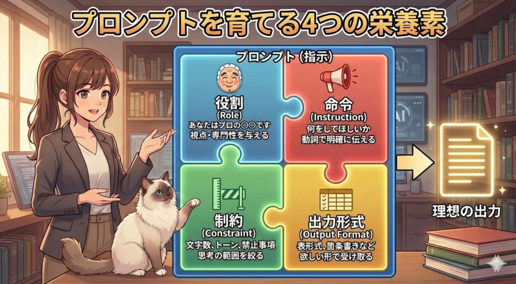 アニメ調のイラストで、スーツを着た女性と猫が、プロンプト作成の指針を示すインフォグラフィックを解説している。上部のタイトルは「プロンプトを育てる4つの栄養素」。大きな青い枠「プロンプト（指示）」の中に、4つの要素がパズルピースのように組み合わさっている。左上は「役割(Role)」（親しみやすいお面のアイコン）で「あなたはプロの〇〇です。視点・専門性を与える」。右上は「命令(Instruction)」（メガホンのアイコン）で「何をしてほしいか動詞で明確に伝える」。左下は「制約(Constraint)」（調整レバーのアイコン）で「文字数、トーン、禁止事項。思考の範囲を絞る」。右下は「出力形式(Output Format)」（チェックリストのアイコン）で「表形式、箇条書きなど欲しい形で受け取る」。この4要素から右向きの矢印が出て、「理想の出力」と書かれた光る文書アイコンにつながっている。背景は本棚のある書斎。