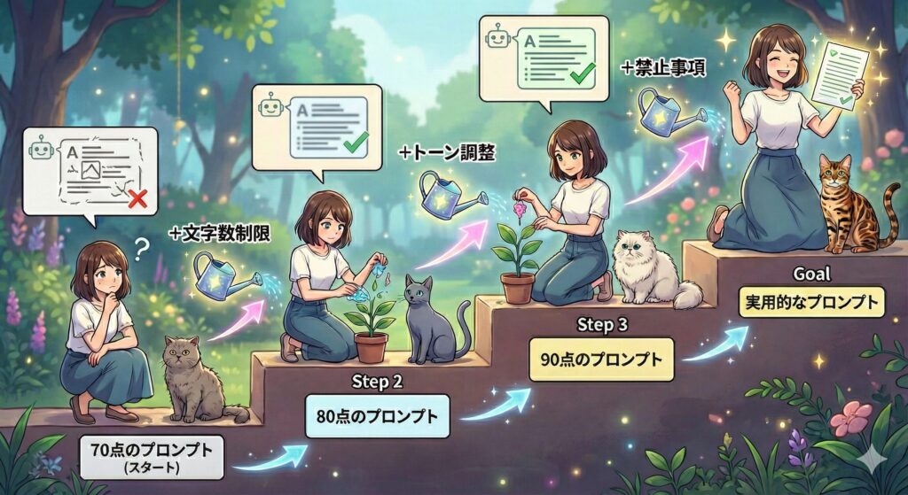 アニメ調のイラストで、プロンプト（AIへの指示）を植物のように育てて改善していく「チューニングの実践プロセス」を、階段状のステップアップ図で表現している。各段階には20代の女性と、毎回異なる種類の猫が登場する。

左下のスタート地点は「70点のプロンプト」。女性は少し困った表情で考え込んでいる。そこから右上のゴールに向かって矢印が伸び、各ステップの間には「+文字数制限」「+トーン調整」「+禁止事項」と大きく書かれたジョウロが描かれ、これらがプロンプトを育てる（品質を上げる）ための重要な要素であることを示している。

中央の「80点のプロンプト」「90点のプロンプト」の段階を経るごとに、女性が植物に水をやるようにプロンプトを世話し、吹き出しの中の文書アイコン（ロボットの顔付き）も徐々に整理され、明確なものへと変化していく。

右上のゴールは「実用的なプロンプト」。完成した輝く文書を掲げ、女性は達成感のある笑顔を見せている。横には縞模様の猫が満足げに座っている。全体として、一度にすべてを直すのではなく、一つずつ制約を足してプロンプトを完成させる手順を視覚化している。