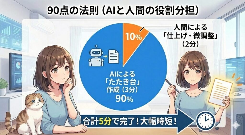 アニメ調のイラストで、「90点の法則（AIと人間の役割分担）」と題された円グラフのインフォグラフィック。20代の女性と可愛らしい猫が描かれている。 中央の円グラフは、作業全体の90%（青色部分）を「AIによる『たたき台』作成（3分）」が担い、残りの10%（オレンジ色部分）を「人間による『仕上げ・微調整』（2分）」が担う構成を示している。 下部の大きな矢印には「合計5分で完了！大幅時短！」と書かれており、AIに完璧を求めず、人間が最後の1割を補うことで、劇的に業務効率化できることを視覚的に表現している。