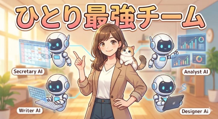「自分ひとりで最強のチームをつくる」イメージ図。20代の女性（プレイングマネージャー）が中央で指揮を執り、その周囲を猫や、秘書・ライター・分析などの役割を持った親しみやすいAIキャラクターたちが囲んでチームを組んでいる。アニメ調のイラスト。